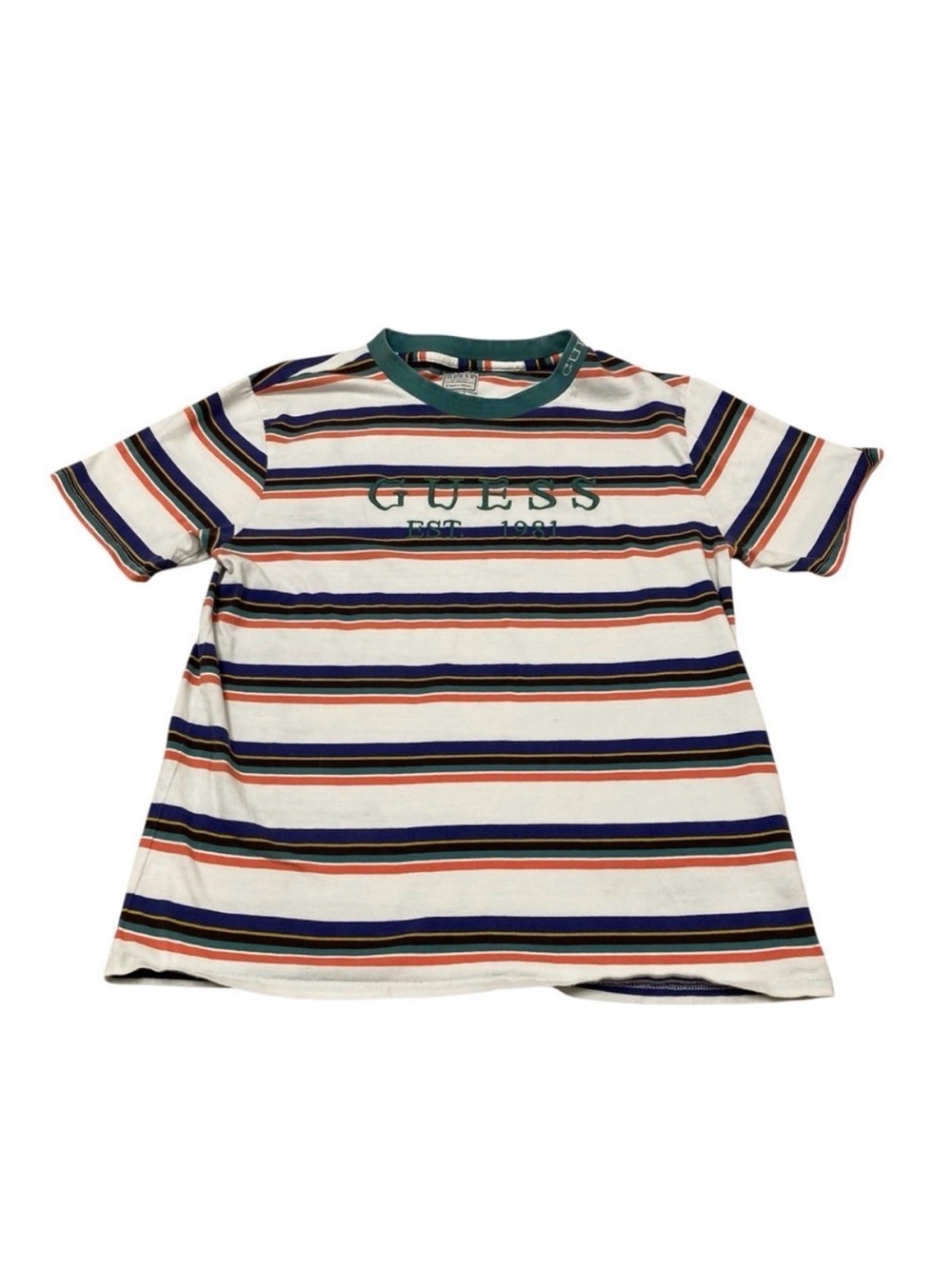 3/$20! Guess Embroidered Logo Striped Shirt Mens Medium Green Orange White Retro